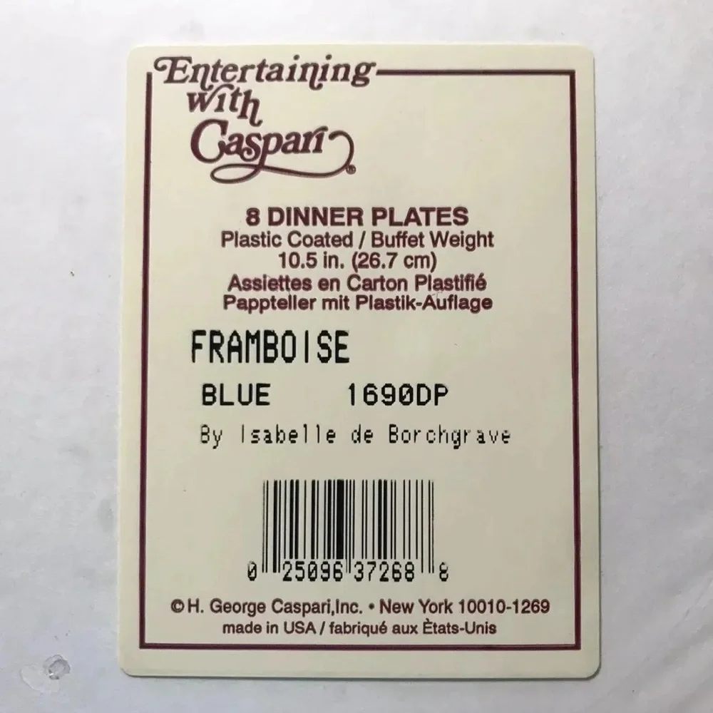 Isabelle De Borchgrave Caspari 8 DINNER Paper Plates Buffet Weight Framboise Lot
